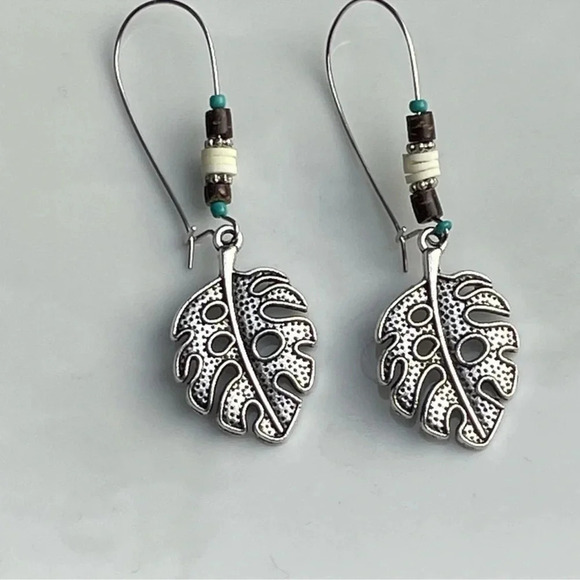 Beaded Boho Silver Leaf Earrings - Picture 2 of 3